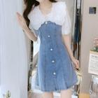 Short-sleeve Peter Pan Collar Denim Panel Mini Dress