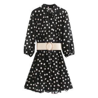 Puff-sleeve Cutout Dotted A-line Dress