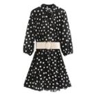 Puff-sleeve Cutout Dotted A-line Dress