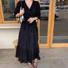Elbow-sleeve A-line Midi Wrap Dress