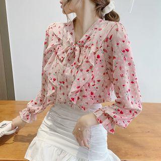 Long-sleeve Floral Print Frill Trim Tie-front Chiffon Blouse