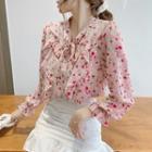 Long-sleeve Floral Print Frill Trim Tie-front Chiffon Blouse