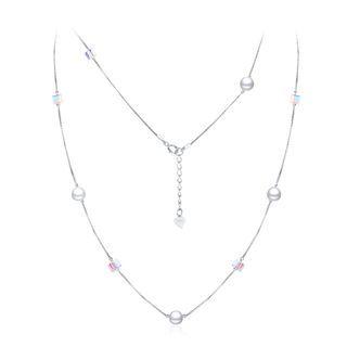 925 Sterling Silver Fashion Simple Pearl Geometric Square Austrian Element Crystal Long Necklace Silver - One Size