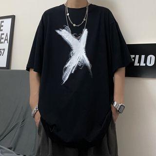 Elbow-sleeve X Letter Print T-shirt
