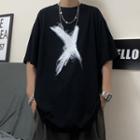 Elbow-sleeve X Letter Print T-shirt