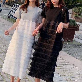Short-sleeve Fringed Trim Midi T-shirt Dress