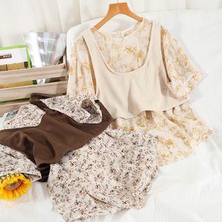 Set: Elbow-sleeve Print Chiffon Top + Crop Tank Top