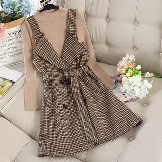 Set: Mock Neck Knit Top + Houndstooth Pinafore Dress + Belt
