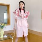 Puff-sleeve Floral Print Panel Frog-buttoned Shirtdress