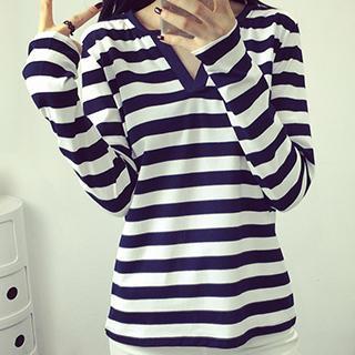 Long-sleeve Striped V-neck T-shirt