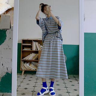 Set: Striped Polo T-shirt + Striped Midi Skirt