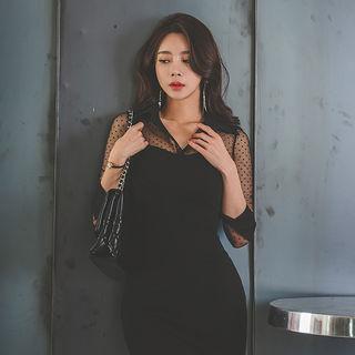 Polka-dot Sheer-panel Bodycon Shirtdress