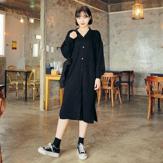 Collar-detail Slit-side Long Knit Dress