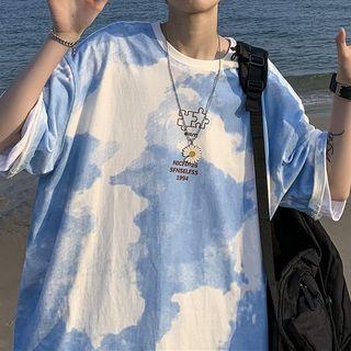 Elbow-sleeve Print Tie-dyed T-shirt