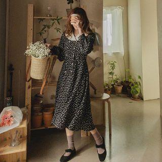 Shawl-collar Double-breasted Floral Long Dress