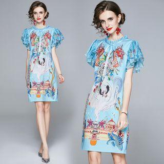 Short-sleeve Crane Print Ruffled A-line Dress