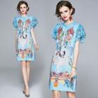 Short-sleeve Crane Print Ruffled A-line Dress