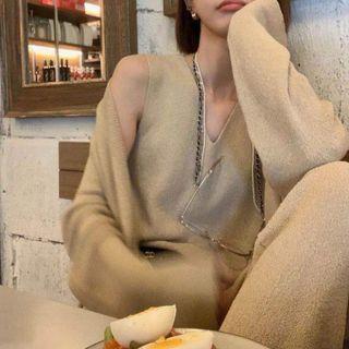 V-neck Knit Tank Top / Cardigan / Wide Leg Pants