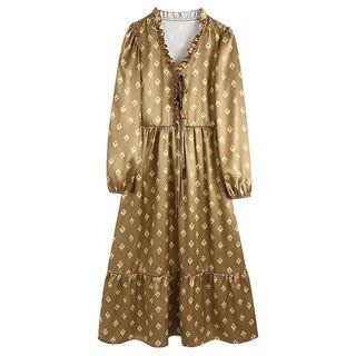 Puff-sleeve Argyle Jacquard A-line Dress