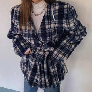 Double-breasted Faux-fur Plaid Jacket With Sash