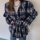 Double-breasted Faux-fur Plaid Jacket With Sash