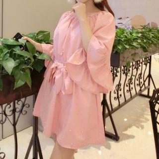 Embellished Off-shoulder A-line Dress With Sash
