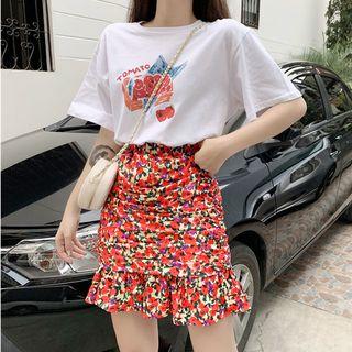 Ruched Floral Mermaid Miniskirt Red - One Size