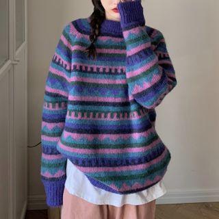 Round-neck Striped Sweater Purple - One Size