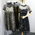 Set: Short-sleeve Sheer A-line Dress + Strappy Floral Dress