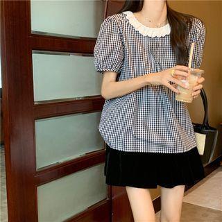 Plaid Lace Cropped Blouse Black - One Size