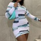 Long Sleeve Striped Ruched Mini Bodycon Dress