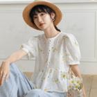 Floral Embroidered Puff-sleeve Eyelet Blouse