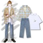 Plaid Blazer / Short-sleeve Polo Shirt / Wide Leg Jeans