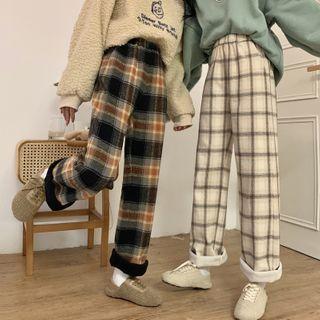 High-waist Plaid Straight-leg Pants