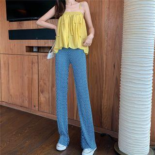 Spaghetti-strap Plain Ruffle Top / High-waist Wide-leg Pants