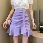 High-waist Shirred Ruffle Hem Mini A-line Skirt