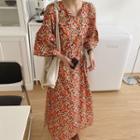 3/4-sleeve Floral Midi A-line Dress As Shown In Figure - One Size