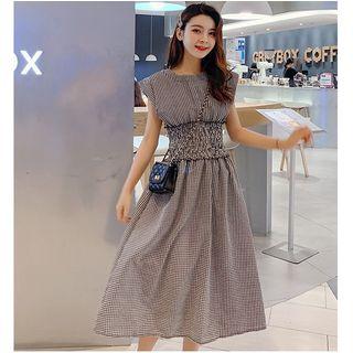 Checked Sleeveless Midi A-line Dress Black - One Size