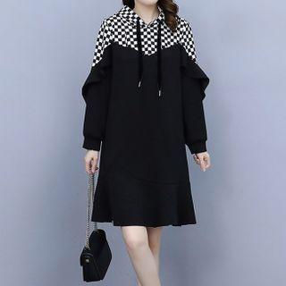 Checkerboard Panel Midi A-line Hoodie Dress