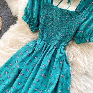 Short-sleeve Shirred Floral Print Dress