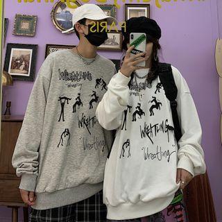 Cartoon Print Lettering Crewneck Pullover