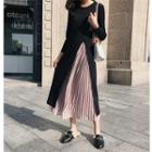 Long-sleeve Two-tone Pleated Panel Midi Dress
