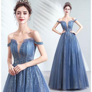 Off-shoulder Sequined Mesh A-line Evening Gown
