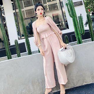 Set: Spaghetti Strap Top + Long Jacket + Wide-leg Pants
