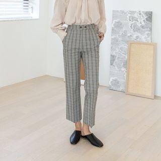 Slit-hem Plaid Straight-cut Dress Pants