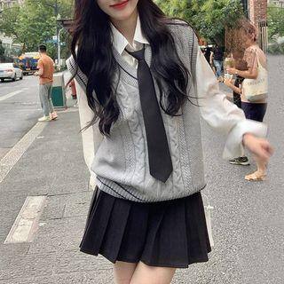 Set: Plain Shirt + Cable-knit Sweater Vest + Tie + Mini Pleated Skirt