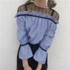 Mock Two Piece Mesh Panel Striped 3/4 Sleeve Top