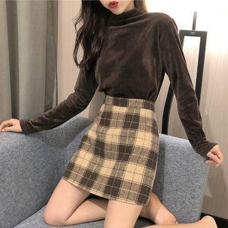 Plaid Mini A-line Skirt / Long-sleeve Mock-neck Top