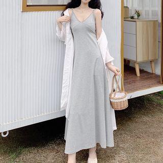 Spaghetti-strap Plain Split-hem Dress
