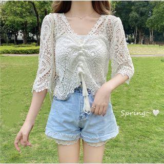 Short-sleeve Tasseled Lace Top